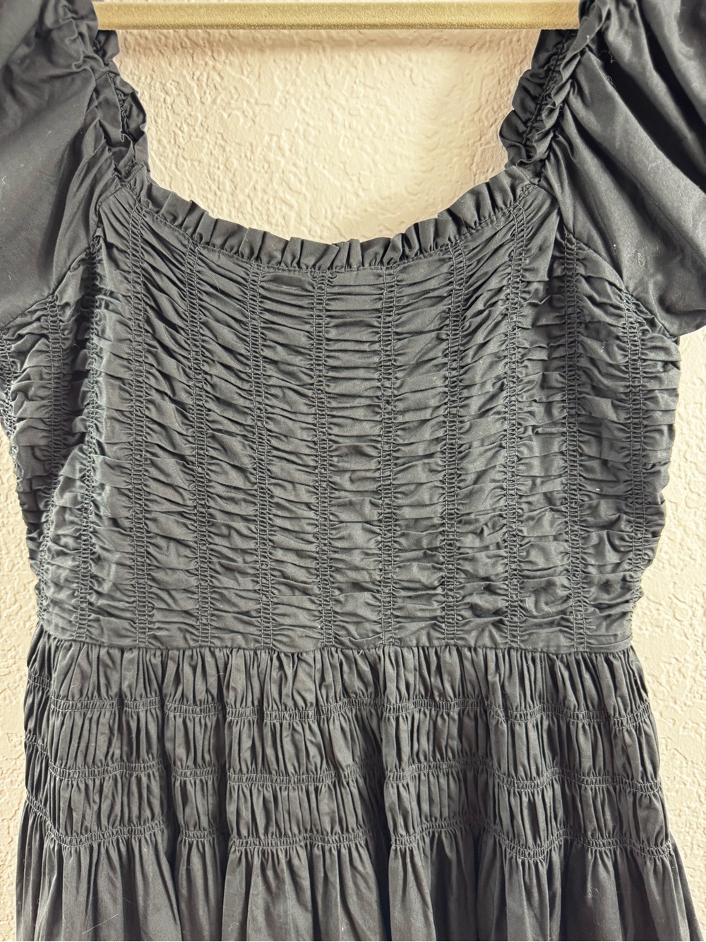 Caroline Constas Black Cotton Poplin Smocked Shirred Puff Sleeve Maxi Dress Sz S - Picture 7 of 12